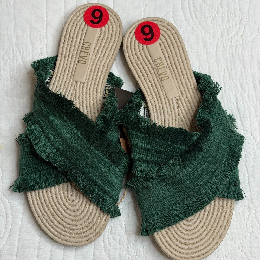 Crevo Womens Monroe Frayed Slide Sandals Green Fabric Flat Heel 6M NEW